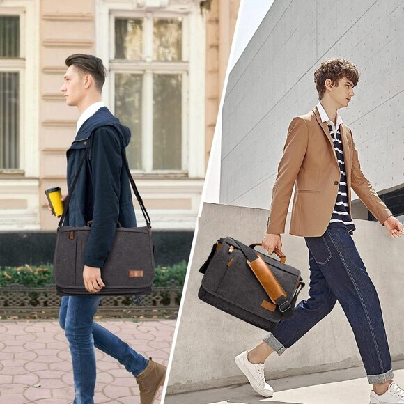 Men’s Grey Canvas Water Resistant Messenger Bag 15.6” Laptop Shoulder Bag - Picture 3 of 12